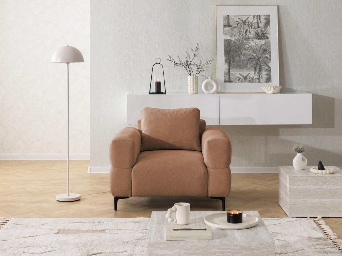 SEDACIA ZOSTAVA 3+2+1 Cardea v bublinkovom vzhľade z mäkkej terakotovej štruktúrovanej látky - čierna/terakotová, kov/drevo (217/80/97cm) - S-Style Möbel