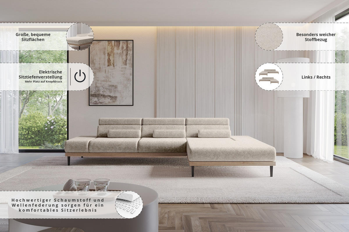 ELEKTRISCHES ECKSOFA Rechts MONA 316x205x85 Beige Velours - Beige, Holzwerkstoff/Textil (316/205cm) - ALTDECOR
