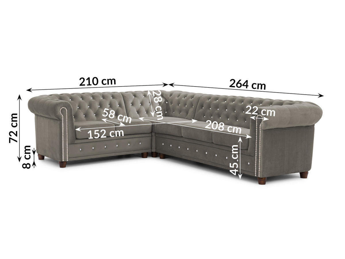 ECKSOFA Chesterfield Cleo Blink Grau Samt mit Kristallsteppung und braunen Massivholzfüßen - Ottomane Links - Braun/Grau, Holz/Textil (264/210cm) - S-Style Möbel
