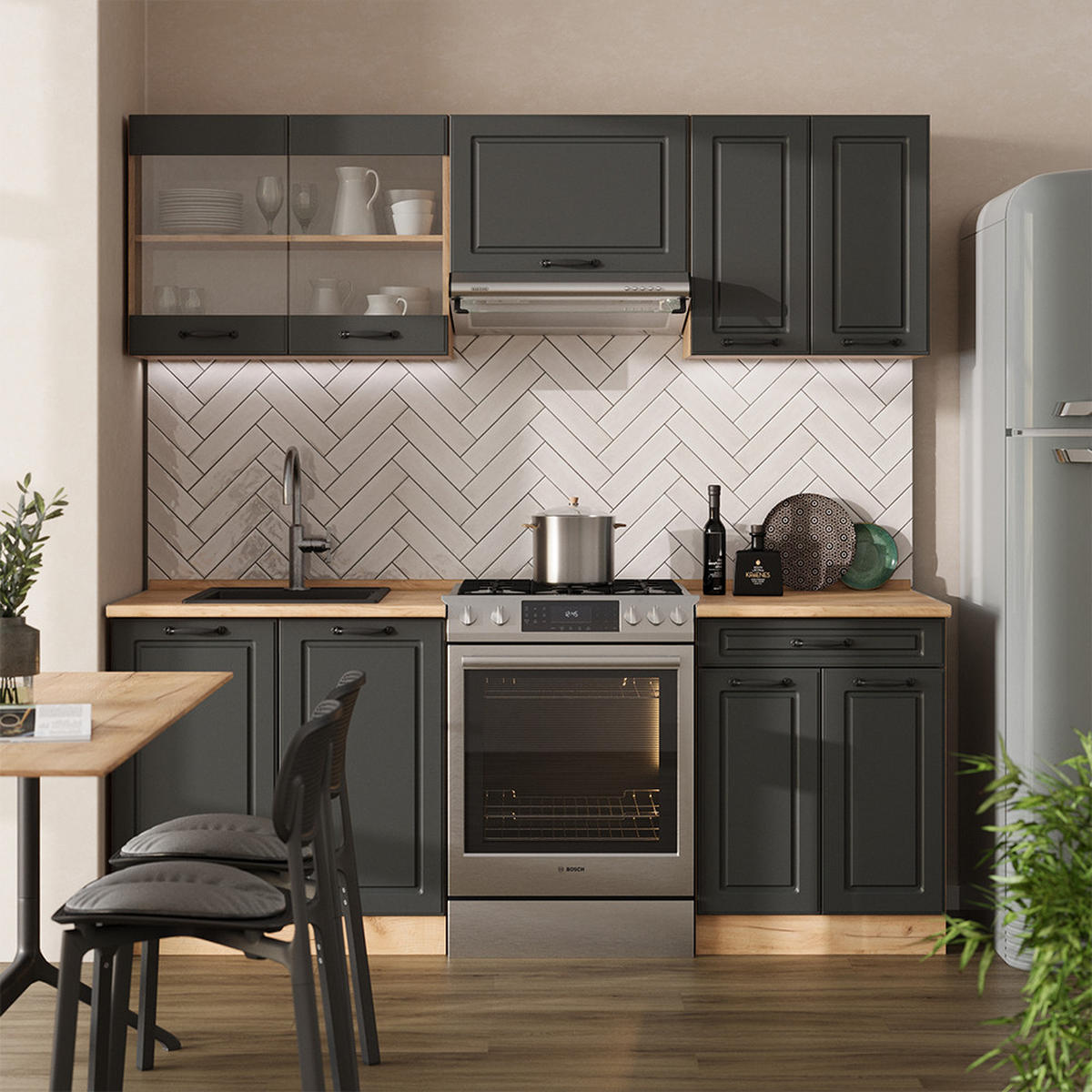 KUCHYŇSKÝ KOUT R-Line Antracitový venkovský dům/zlatý dub - medově dubová/antracitová, kompozitní dřevo (200/81.6/46cm) - Vicco