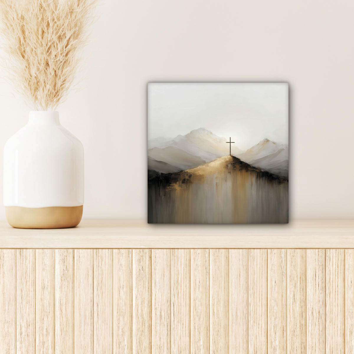 LEINWANDBILD Hügel - Abstrakt - Kreuz - Christentum Deko Wohnzimmer 20x20 cm - Beige, Textil (20/20cm) - MuchoWow