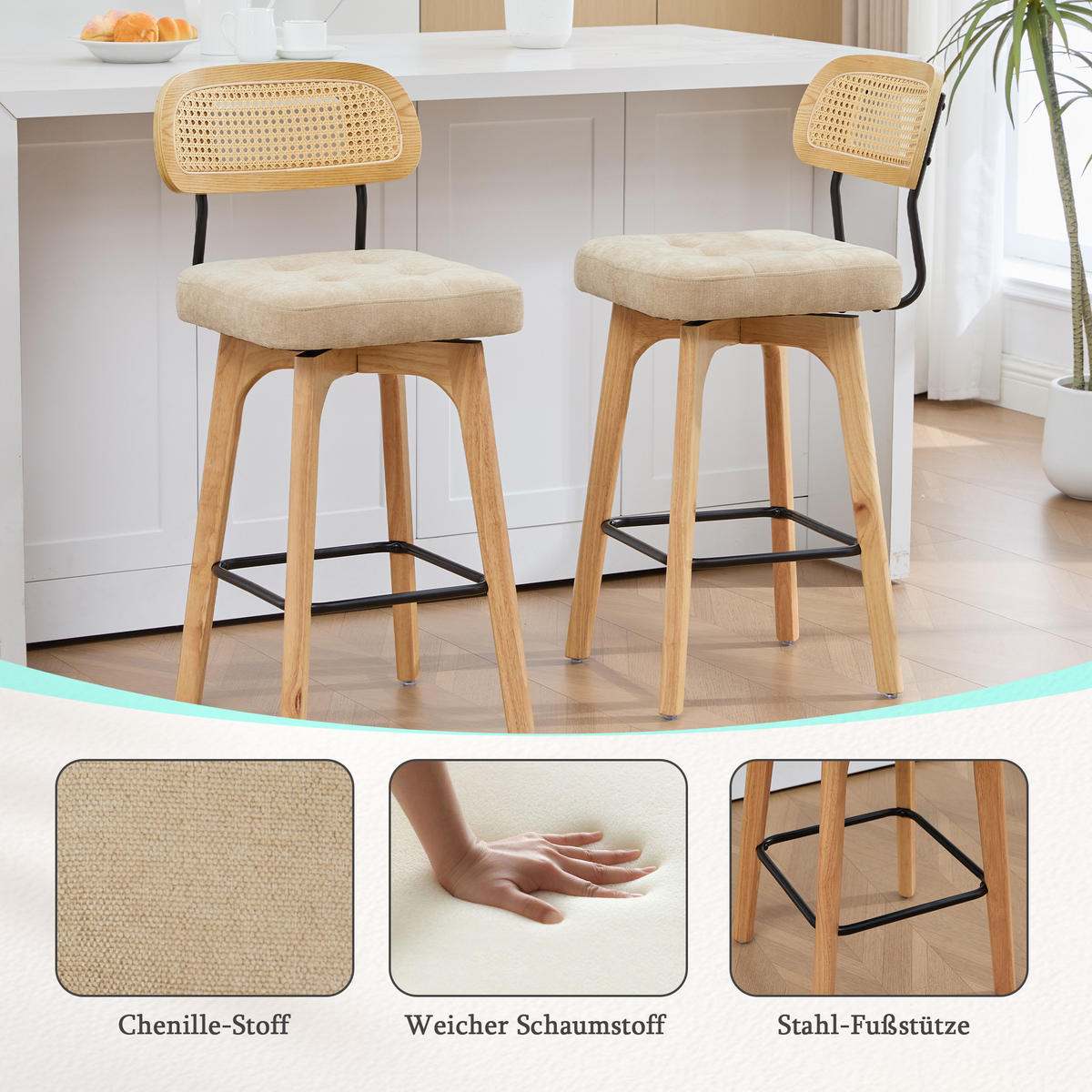BARHOCKER 2er Set, 360° drehbar, Wiener Geflecht/Chenille, 67,5cm Sitzhöhe, Khaki - Wildeiche/Hellbraun, Holz/Textil (44/96/51cm) - LVHOM