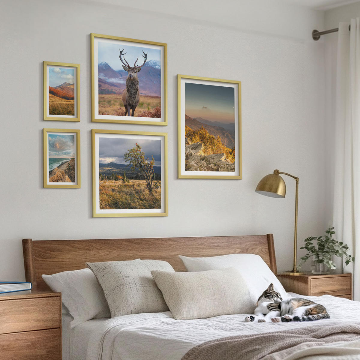 WANDBILDER 5er Set - 50x50 cm & 20x30 cm & 40x60 cm Goldrahmen - Berglandschaften, Hirschgras - Goldfarben, Kunststoff (40/60cm) - ArtPrintCave