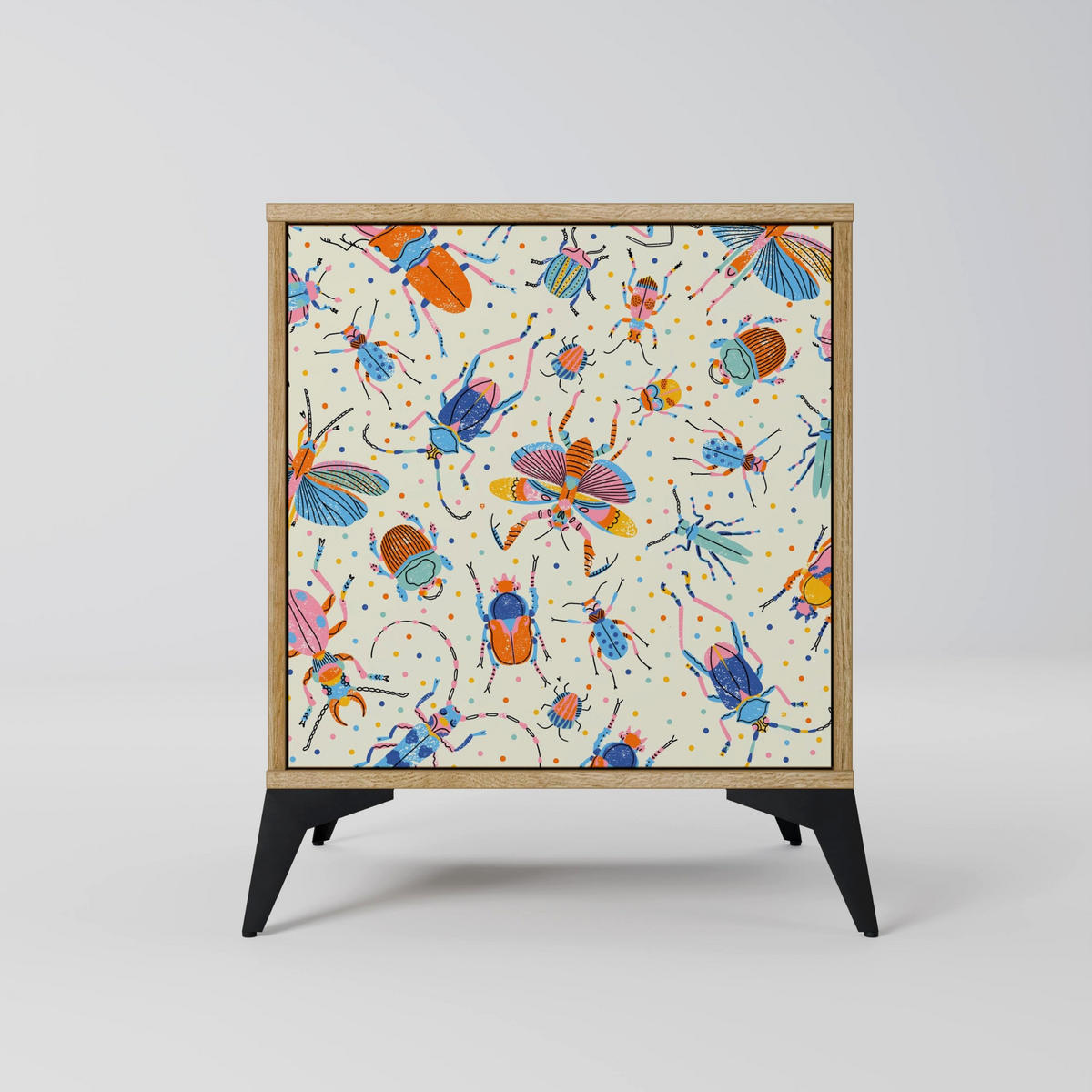 SIDEBOARD COLORFUL INSECTS, Eichefarben, 57,5x42x70,5 cm, Schwarze Metall-Sternfüße - Eichefarben/Multicolor, Holzwerkstoff/Metall (57.5/70.5/42cm) - SpaceRebels