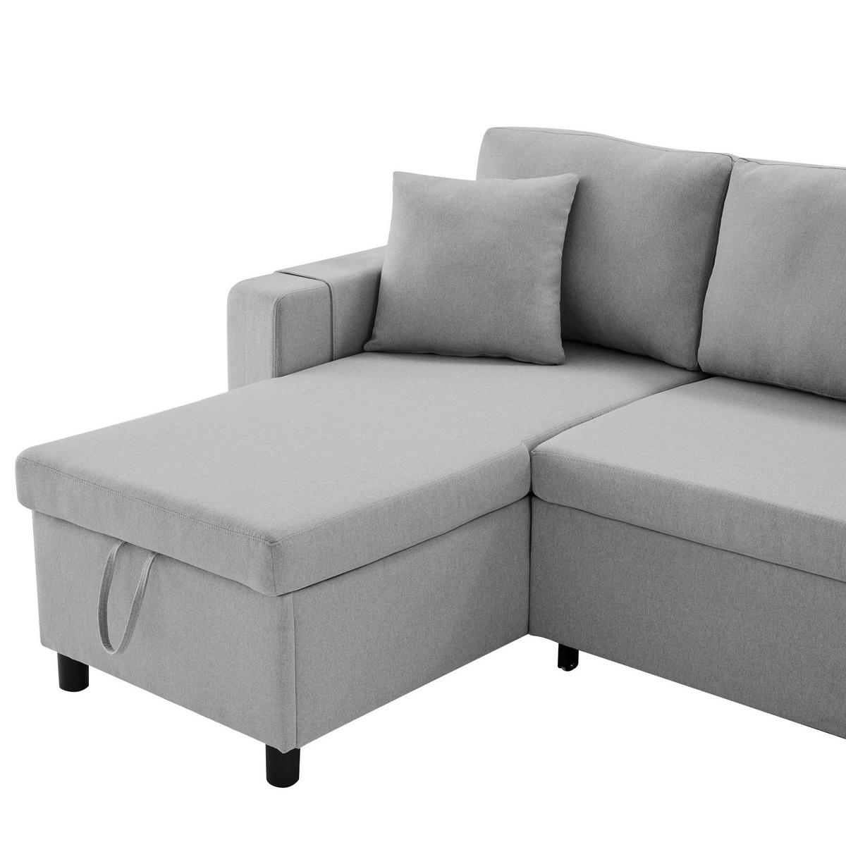 ECKSOFA L-Form mit Chaiselongue & Stauraum grau Leinen 219,5/142,5/83 cm - Grau, Textil (219.5/142.5cm) - OKWISH