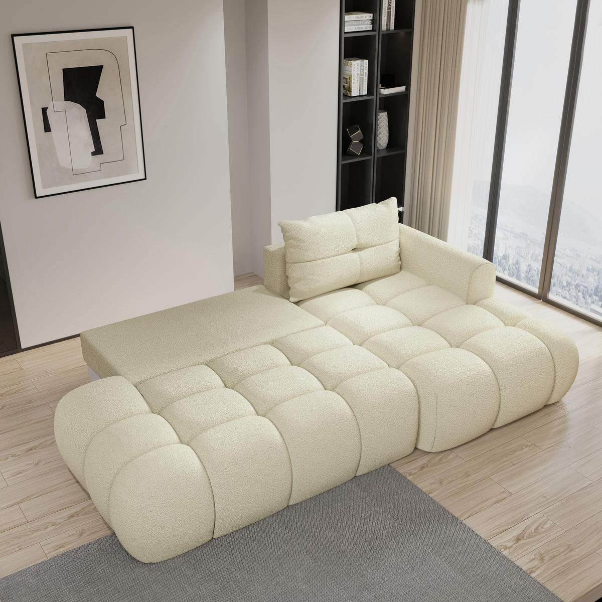 ECKSOFA FLUMA R-S Creme Boucle-Stoff mit Schlaffunktion - Creme, Holz (274/165cm) - MASSENO
