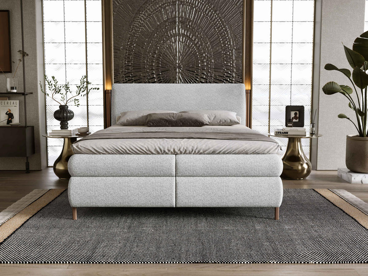 PAT CU LADĂ DE DEPOZITARE Evia - H3 - maro/gri deschis, material textil/compozit lemnos (140/200cm) - MIRJAN24