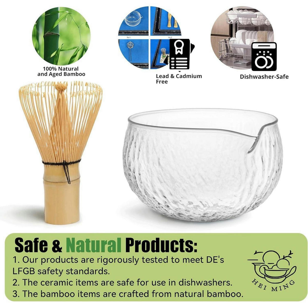 MATCHA Set 8-teiliges Set Glas Schale Bambus Besen Transparent - Transparent, Glas (11.5/7/18cm)