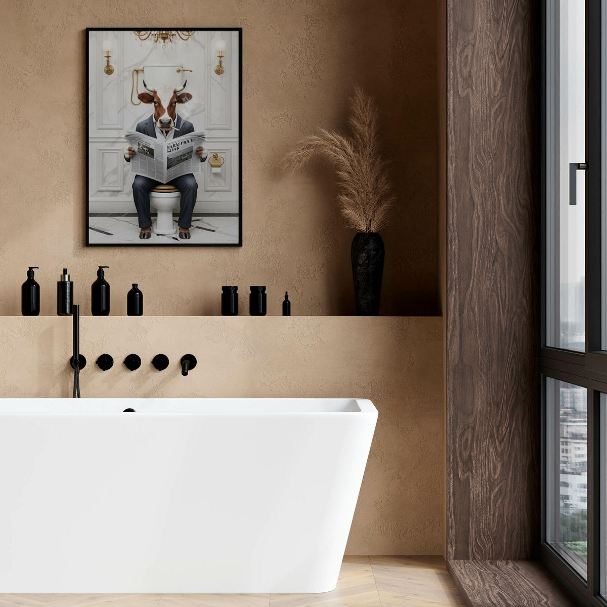 POSTER für WC Badezimmer KUH Bulle mit Zeitung auf Toilette Abstraktion 50x70cm - Gelb/Schwarz, Papier (50/70/70cm) - Muralo