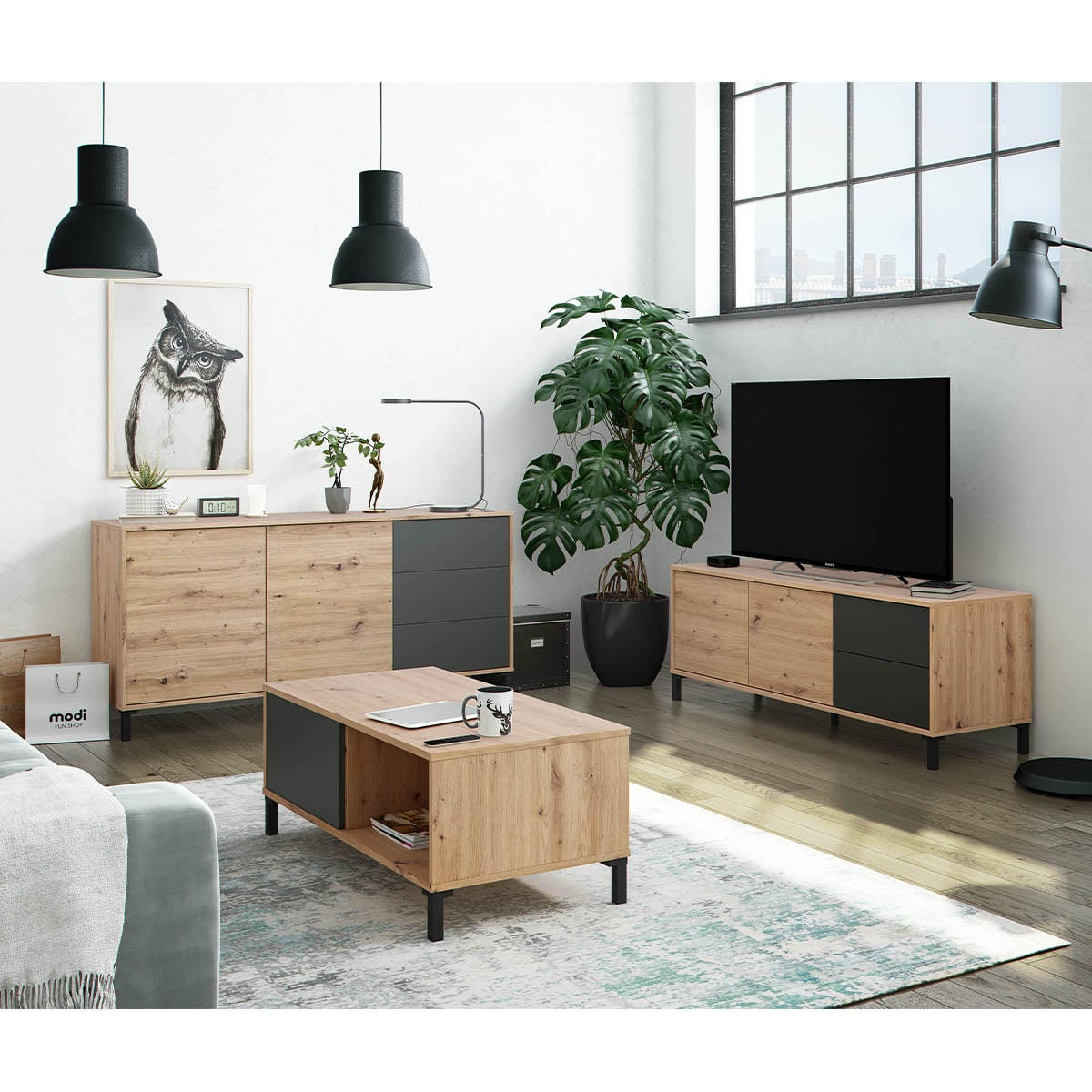 TV-MÖBEL mit 2 Türen und 2 Schubladen Brooklyn - L130 cm - Eiche Artisan/Grau, Holzwerkstoff (41/47/130cm) - Calicosy