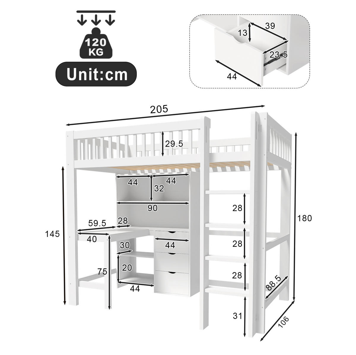 HOCHBETT 90/200 cm mit Schreibtisch, 3 Schubladen, Ablagefächern und Leiter aus Kiefernholz und MDF, Weiß - Weiß, Holz (90/200cm) - Redom