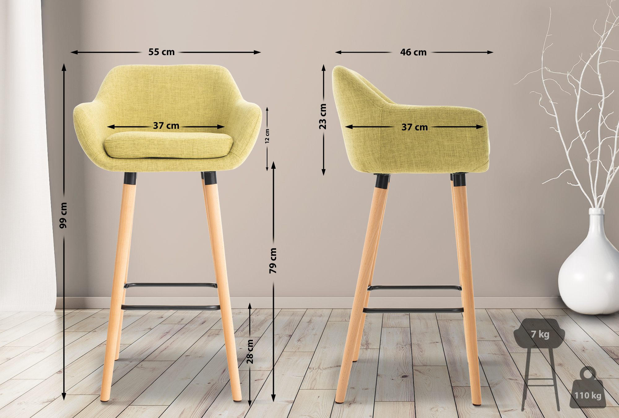 BARHOCKER mit Lehne Hellgrün VILO Stoffbezug 99x55x46 cm - Hellgrün, Holz/Textil (55/99/46cm) - DELUKE