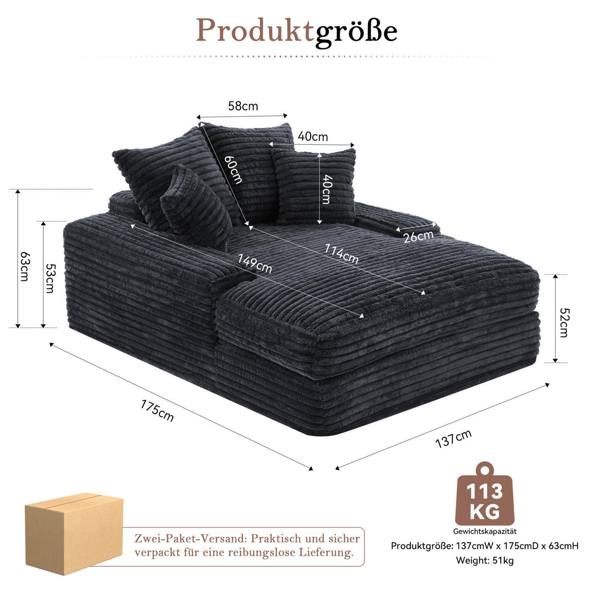 ROZKLADACIA pohovka s menčestrovým poťahom, 137/175/63 cm sivá, bez montáže so 4 vankúšmi - sivá, textil (137/63/175cm) - BEAOK