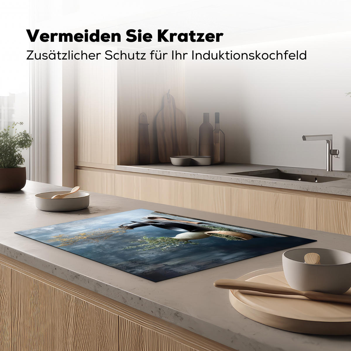 HERDABDECKPLATTE Stilleben - Kräuter - Rustikal Induktionsmatte 77x51 cm - Blaugrau, Kunststoff (77/51/0.2cm) - MuchoWow