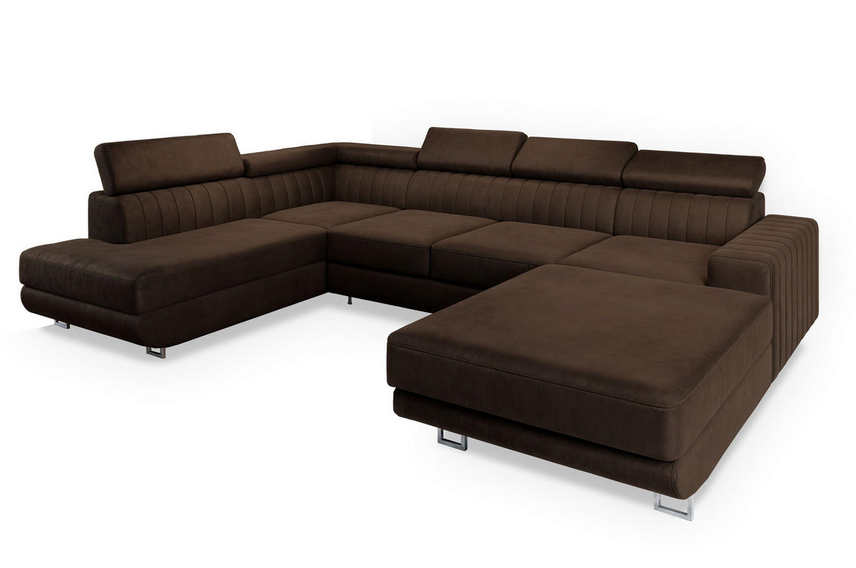 WOHNLANDSCHAFT SIENA L-S Braun Velours-Stoff mit Schlaffunktion - Braun, Holz (335/89/190cm) - MASSENO