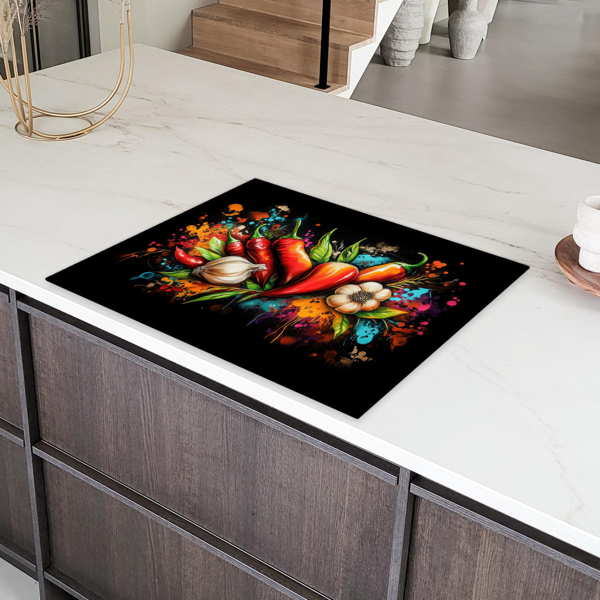 HERDABDECKPLATTE Gemüse - Paprika - Knoblauch - Graffiti - Farbe - Bunt Induktionsmatte 77x59 cm - Rot, Kunststoff (77/59/0.2cm) - MuchoWow