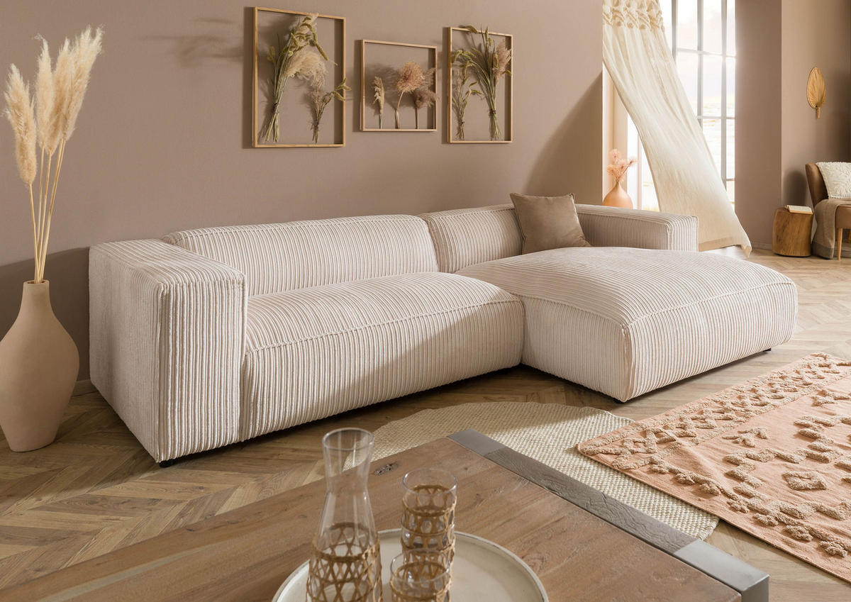 ECKSOFA 304x164x69 Ottomane rechts Cord elfenbein VALENCIA - Beige, Holz (304/164cm) - Massivmoebel24