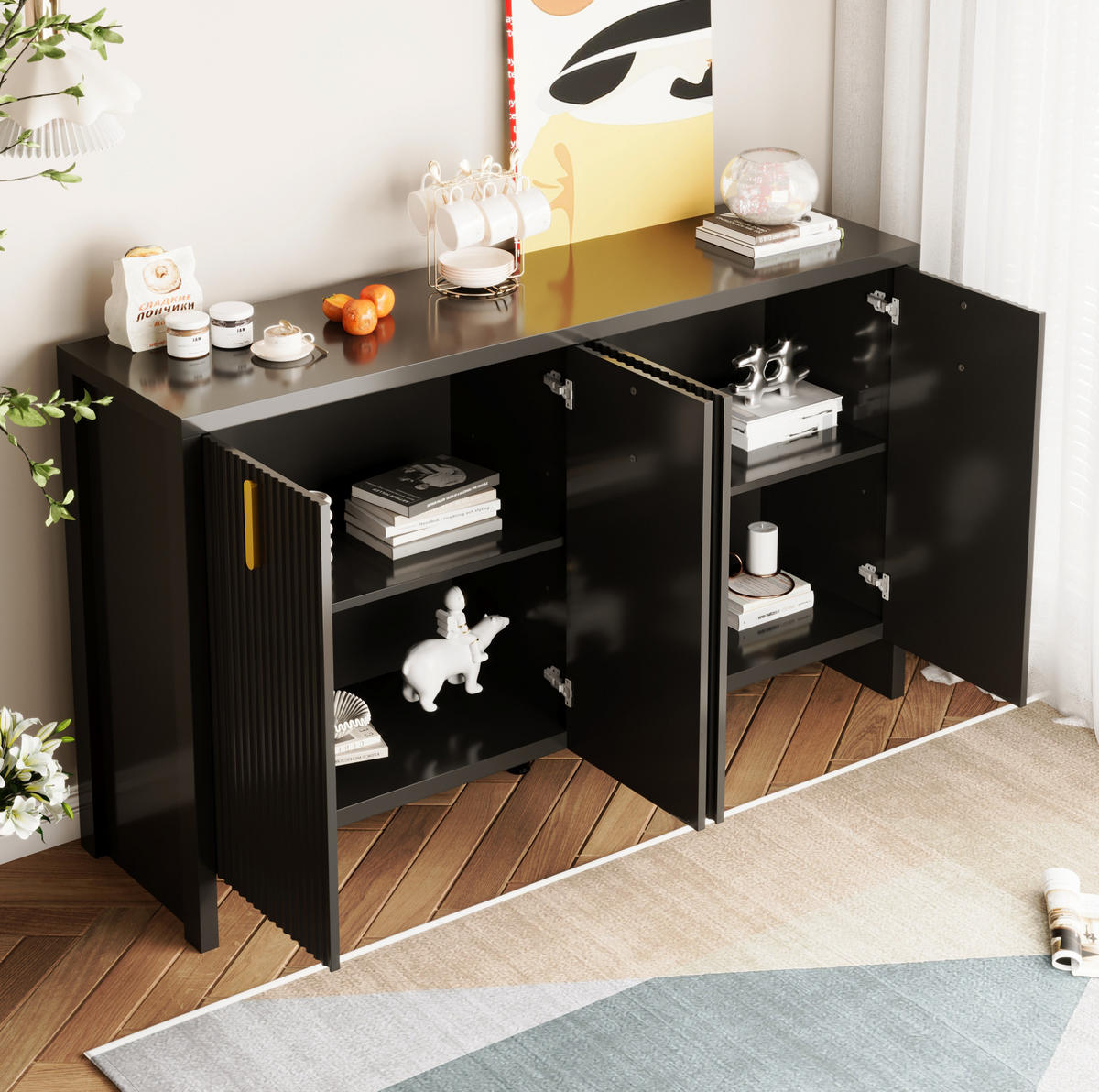 SIDEBOARD mit 4 Türen und verstellbaren Einlegeböden, 140/38/80 cm, Schwarz mit goldenen Griffen - Schwarz, Holzwerkstoff (140/38/80cm) - Redom