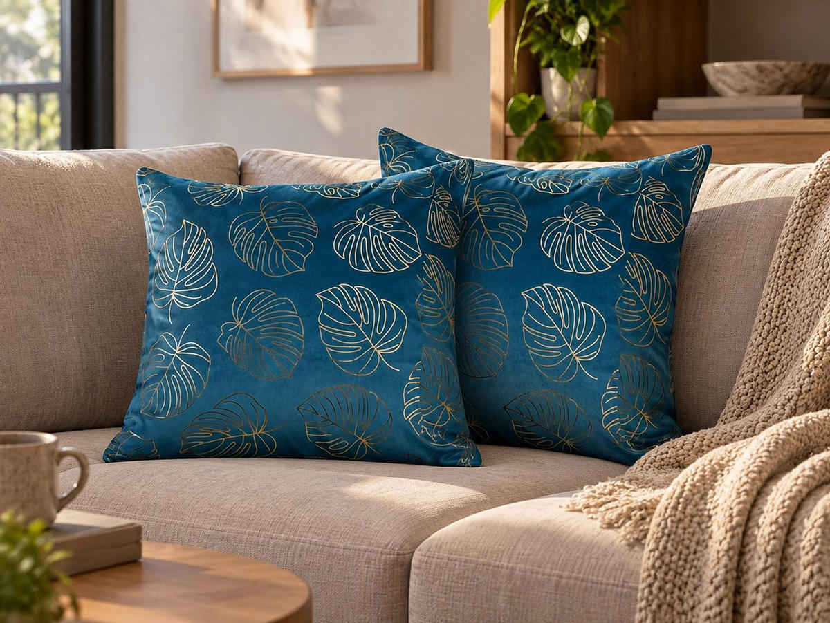 DEKOKISSEN 2er-Set Blau 45/45 cm Monstera - Blau, Textil (45/45cm) - Beliani