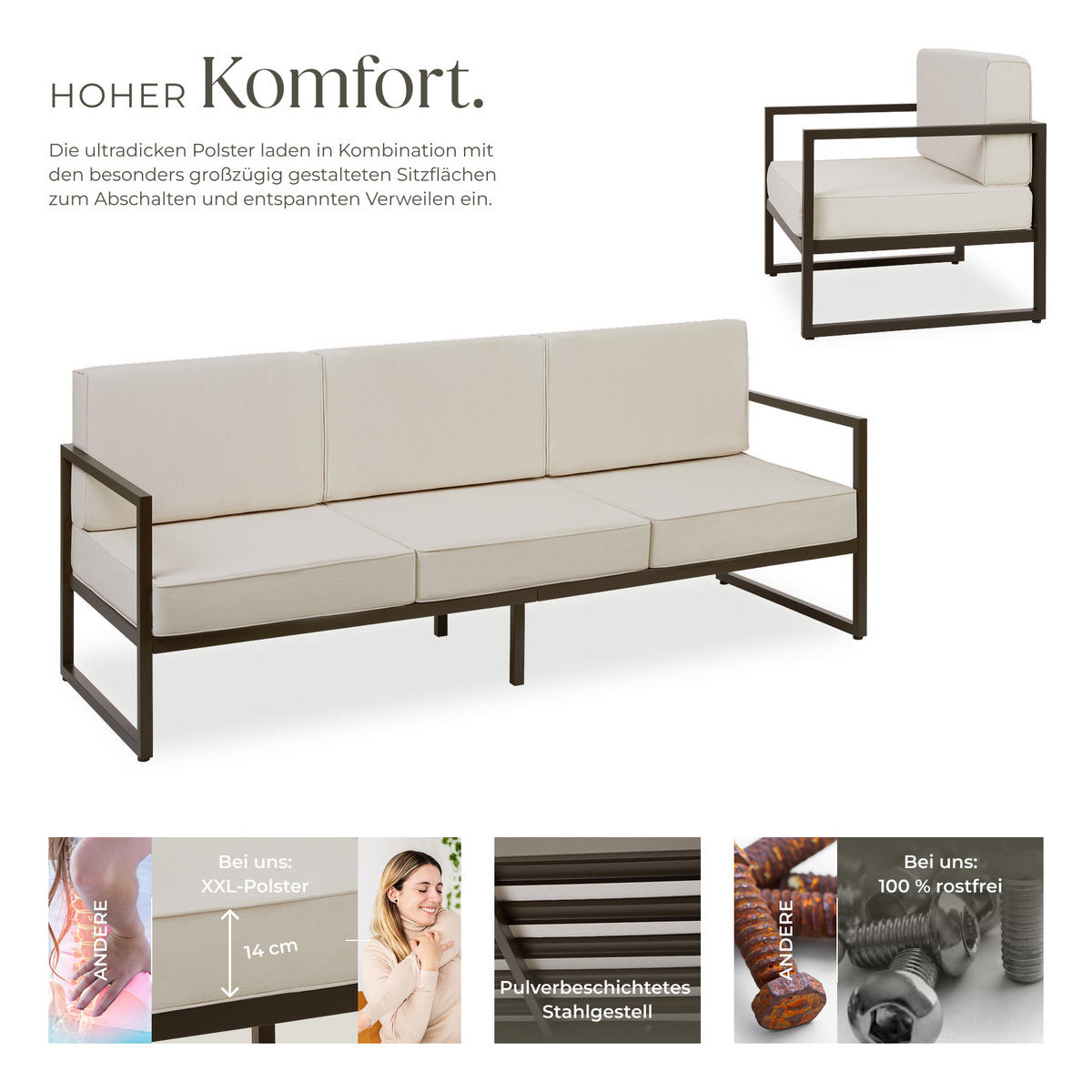 GARTEN-LOUNGESET Comosa,höhenverstellbare Füße,braun/beige - Beige/Braun, Kunststoff - tectake