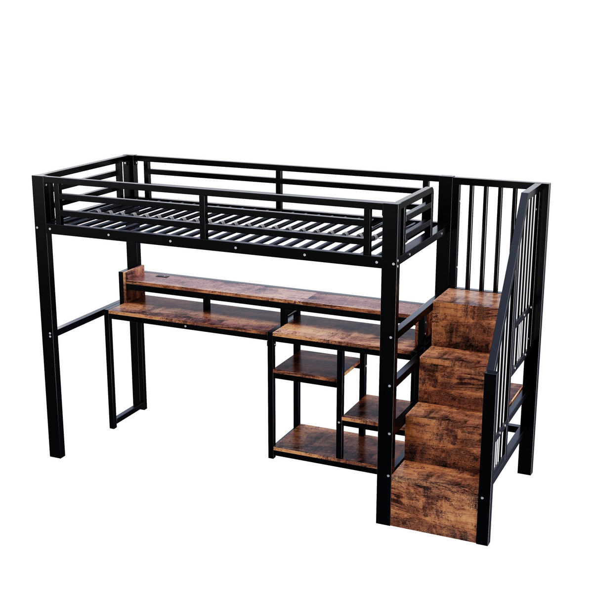 HOCHBETT MDF & Metall 90x200 cm Schwarz mit Leiterschrank, LED-Lichtleiste, USB + Typ-C - Schwarz, Holzwerkstoff (90/200cm) - Modfu