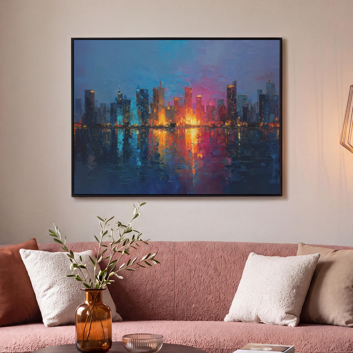 LEINWAND Bilder mit Rahmen - Skyline - Pinselstriche - Dunkelblau - Leuchtend - 100x70 - Blau, Textil (100/70cm) - MuchoWow
