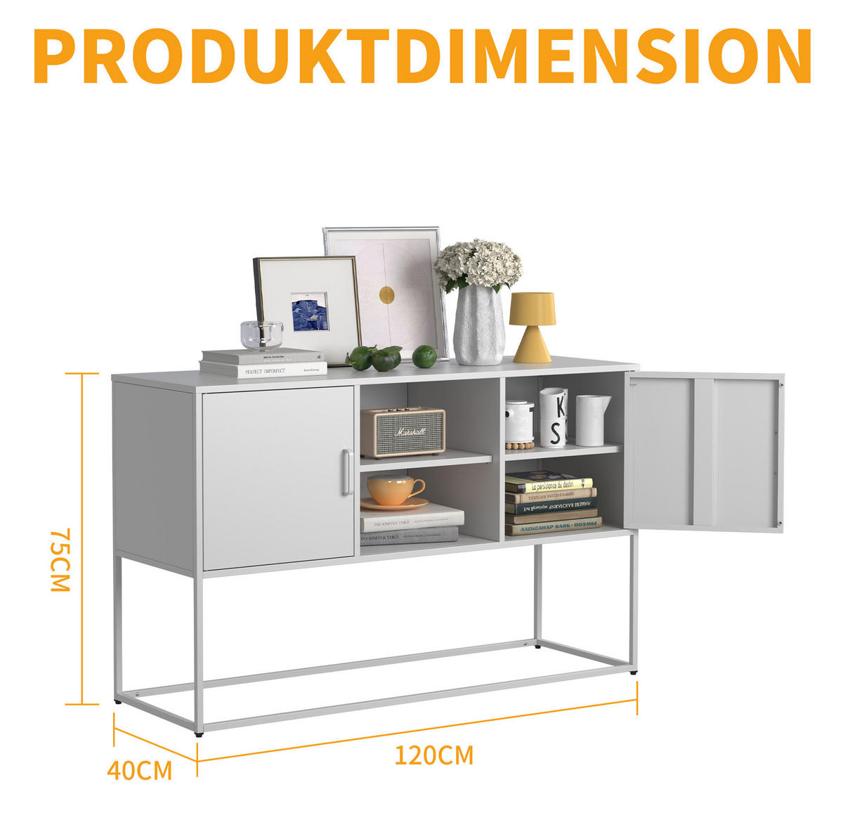 SIDEBOARD aus Metall 40x120x75 cm Weiß mit 6 Fächern, höhenverstellbaren Füßen und Kippschutz - Weiß, Metall (120/75/40cm) - Modfu