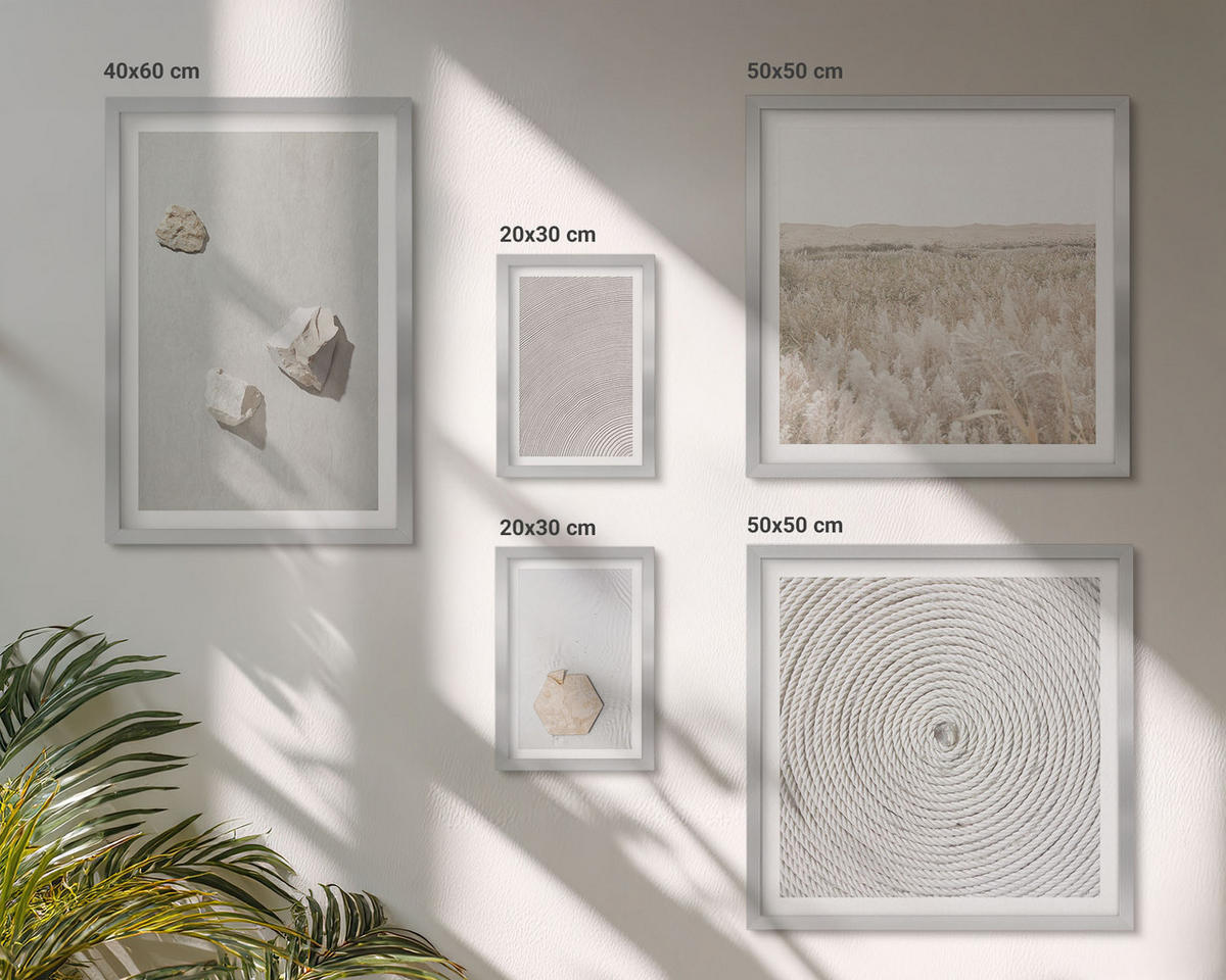 BILDER SET 5er Set - 50x50 cm & 20x30 cm & 40x60 cm Silberner Rahmen - Leichte Boho-Sandtexturen - Silberfarben, Kunststoff (40/60cm) - TULUP