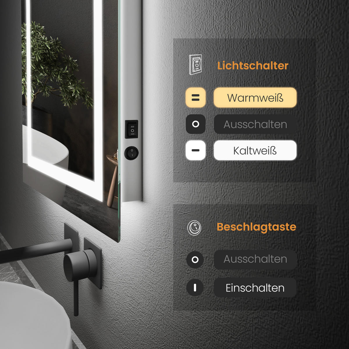 BADSPIEGEL mit Beleuchtung und Anti-Beschlag 60/45 cm - Weiß, Glas (45/4.3/60cm) - EMKE
