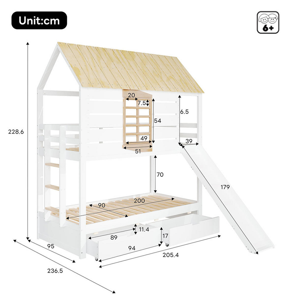 HAUSBETT 90X200 cm mit Rutsche und 2 Schubladen, Weiß+Natural - Weiß, Holz (90/200cm) - KOMHTOM
