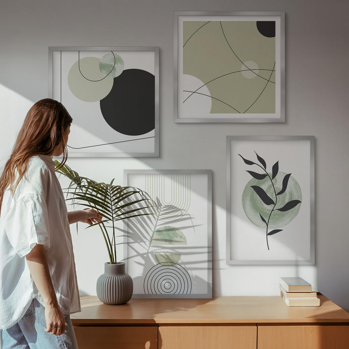 BILDER SET 4er Set - 50x50 cm & 40x60 cm Silberner Rahmen - Abstrakte Pflanzenmotive - Silberfarben, Kunststoff (50/50cm) - TULUP