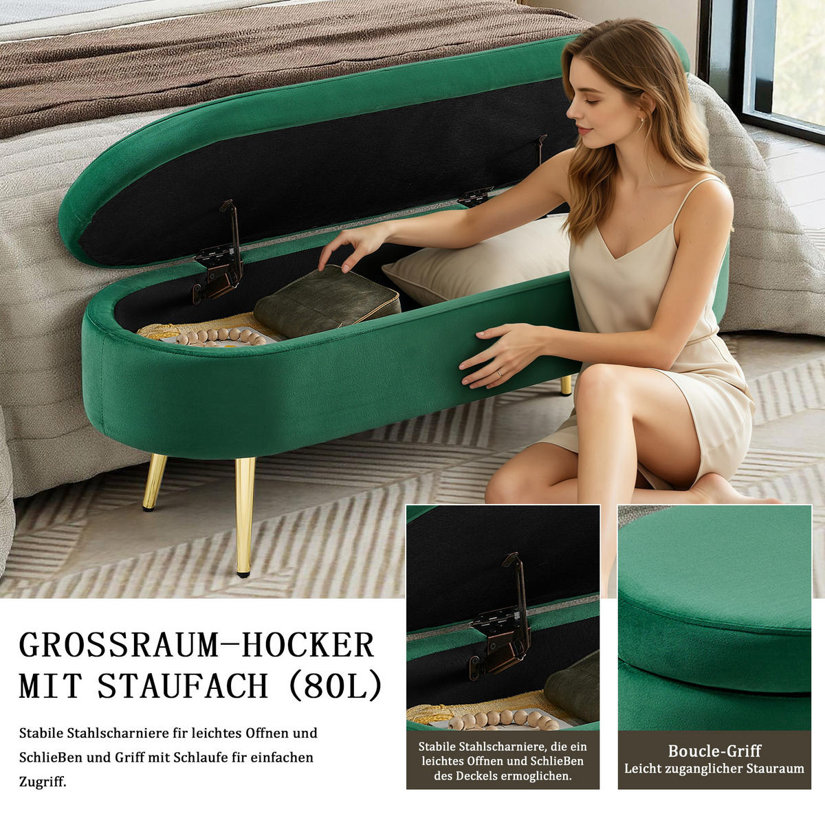 AUFBEWAHRUNGSTRUHE velvet & gold 110 cm - Dunkelgrün, Textil (110/42/40cm) - Urban Meuble