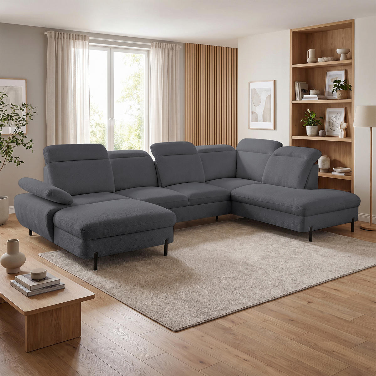 SEDACÍ SOUPRAVA Sora U s funkcí spaní, nastavitelnou hloubkou sedu, opěrkami hlavy a područkou, 365 cm, antracitová, levá - černá/antracitová, textil (365/107/235cm) - Beautysofa