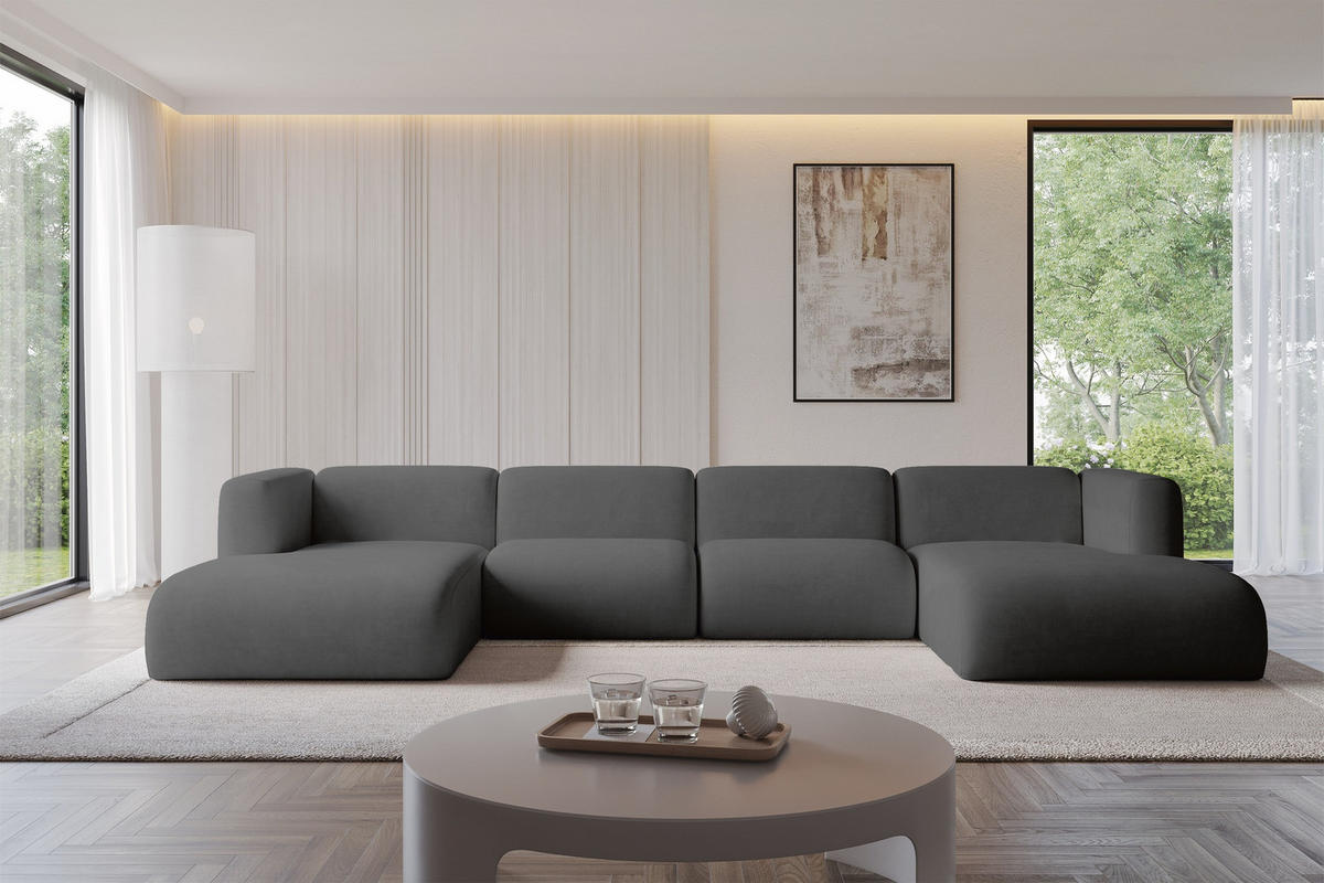 WOHNLANDSCHAFT MIRA-U2 408x179x70 Dunkelgrau Velours - Dunkelgrau/Schwarz, Holzwerkstoff/Kunststoff (408/70/179cm) - ALTDECOR