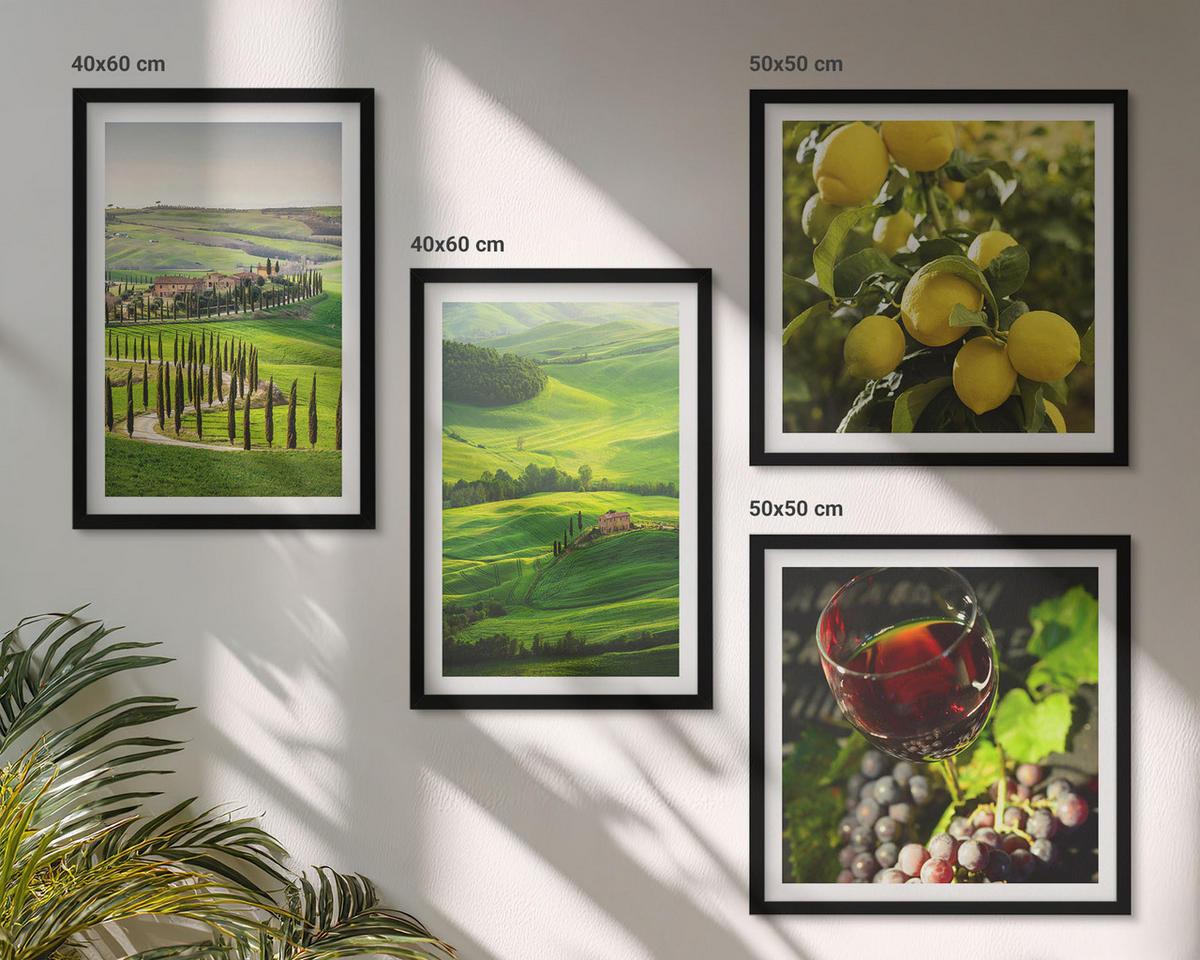 BILDER SET 4er Set - 50x50 cm & 40x60 cm Schwarzer Rahmen - Italienische Landschaften, Zitrushügel - Schwarz, Kunststoff (50/50cm) - TULUP