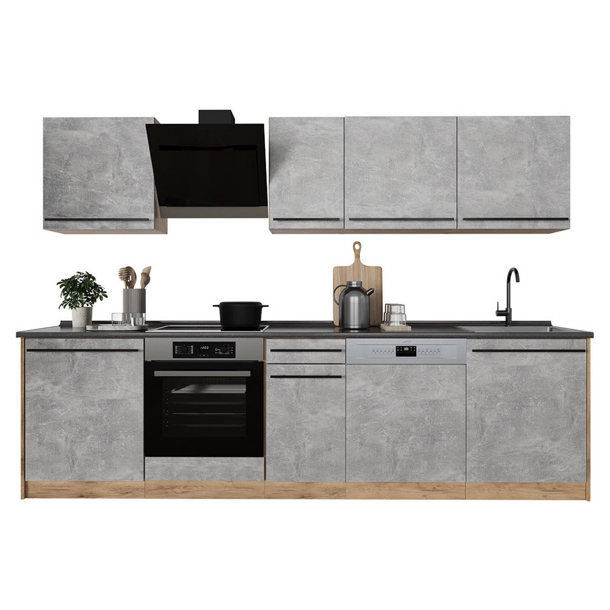 KÜCHENZEILE R-Line, Beton/Goldkraft Eiche, 280 cm Arbeitsplatte Goldkraft Eiche - Honigeiche/Grau, Holzwerkstoff (280/206.8/60cm) - Vicco