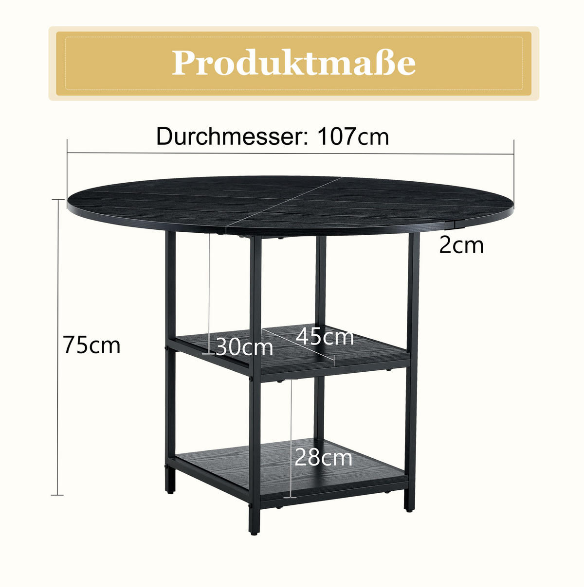 STOL za blagovaonicu, promjer 107 cm, MDF i metal, crni, s 2 odlagalne police - crna, drvni materijal (107/107/75cm) - BEAOK