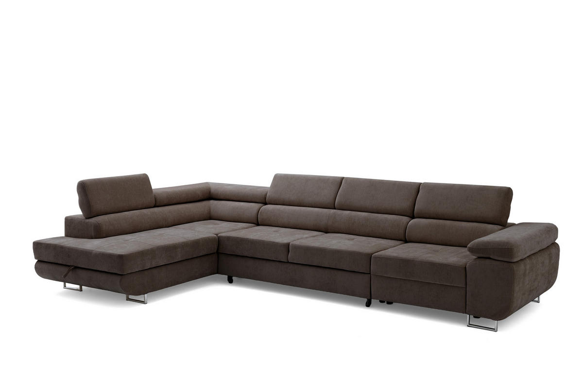 ECKSOFA WILD MAXI L Links mit Schlaffunktion 125x195 Chenille Dunkelbraun - Chromfarben/Dunkelbraun, Holz/Textil (350/203cm) - Muffo