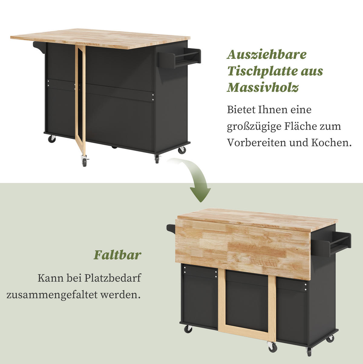 KÜCHENINSEL 137x76x92cm Schwarz mit Klappplatte, Schrank, 3 Schubladen & Rollen - Schwarz, Holzwerkstoff (137/92/76cm) - Modfu