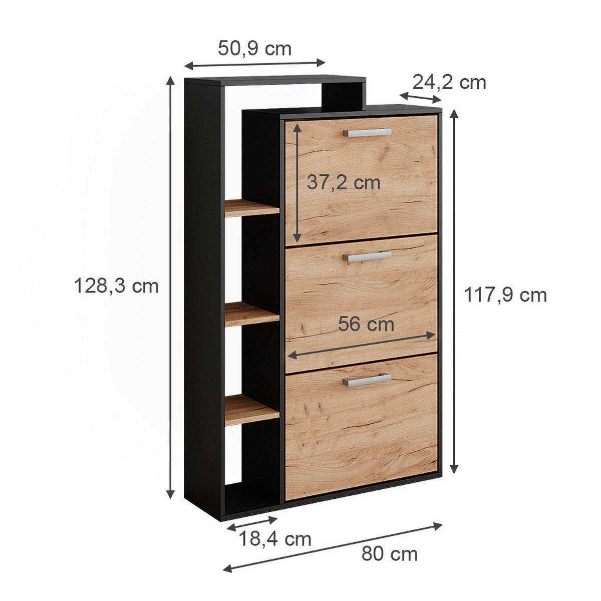 SCHUHKOMMODE Orlando Goldkraft Eiche 80 x 128.3 cm mit 3 Fächern - Eiche Wotan, Holzwerkstoff (80/128.3/24.2cm) - Vicco