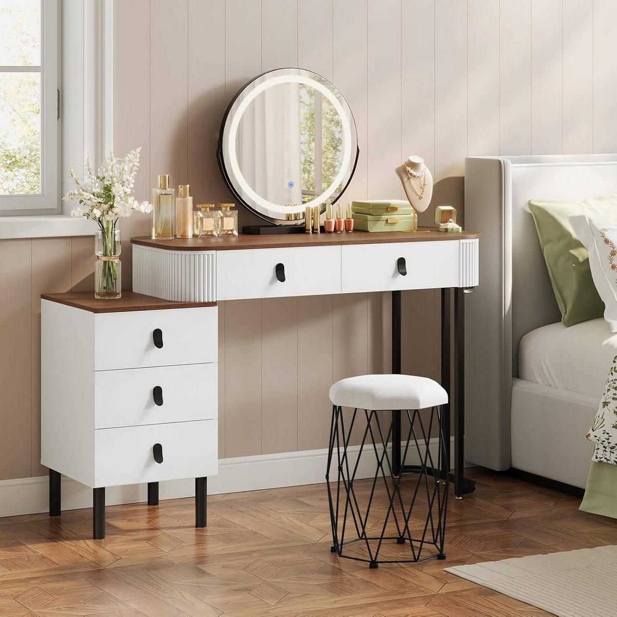 SCHMINKTISCH mit Hocker, Spiegel mit LED, Orangebraune Holzoptik - Nussbaumfarben/Schwarz, Glas/Holz (100/126/40cm) - Woltu