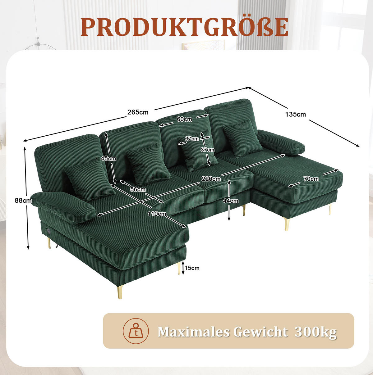 U-FORM Wohnlandschaft Samt mit LED und USB-Anschluss 265/135/88 cm Smaragdgrün - Smaragdgrün, Textil (135/88/265cm) - Redom
