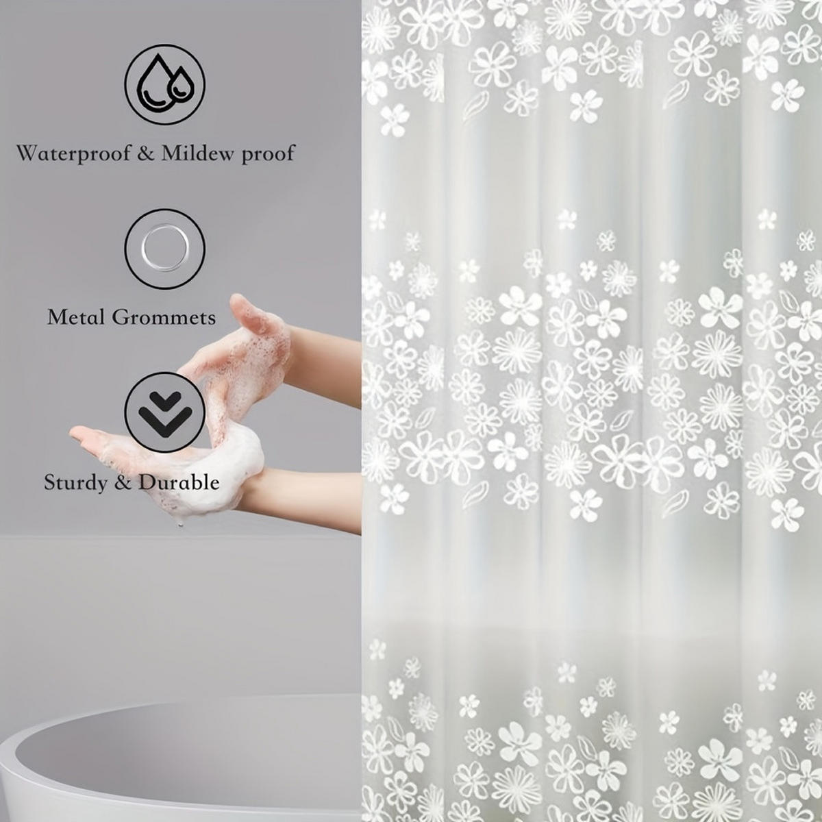 DUSCHVORHANG transparent floral PEVA wasserdicht 180 x 180 cm mit Haken Badezimmer - Transparent, Kunststoff (180/180cm) - MCBOSON
