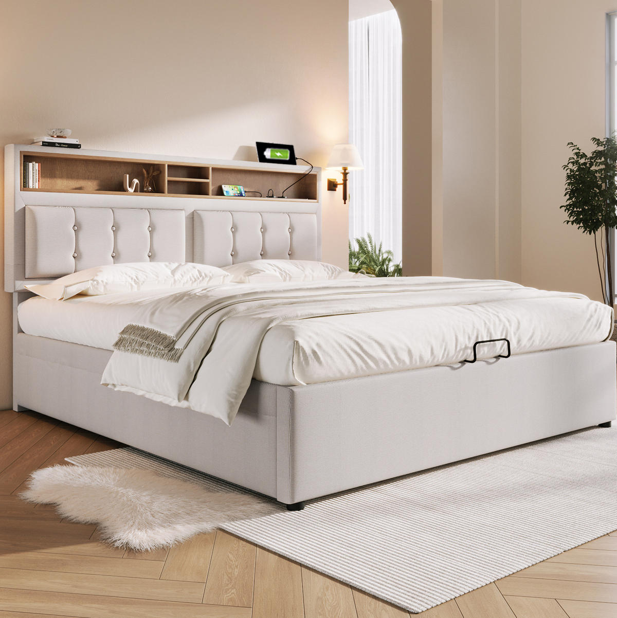 ČALOUNĚNÁ postel 140/200 cm béžová z lnu s matrací USB-C a úložným prostorem - béžová, textil (140/200cm) - OKWISH