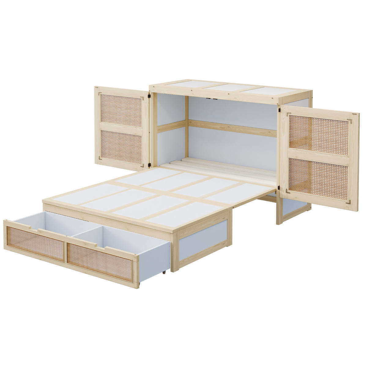 KREVET na preklapanje 140/200 cm s Rattan dizajnom, velikim spremištem i širinom 60 cm kad je sklopljen, Prirodna drvena boja - prirodne boje, drvni materijal (140/200cm) - Redom