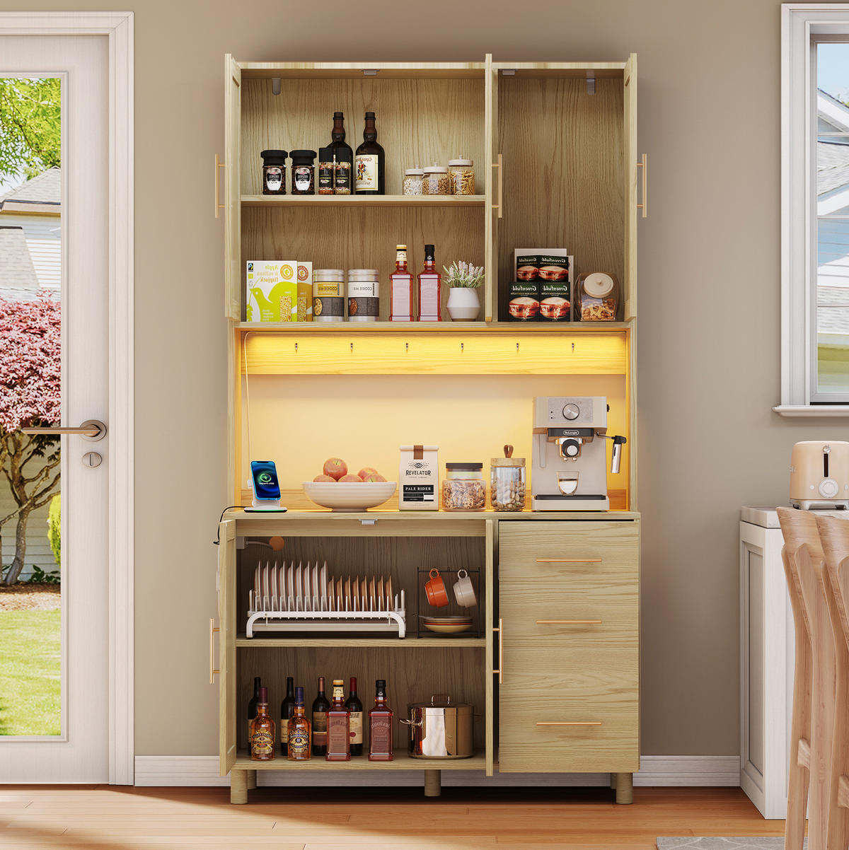BUFFET aus MDF 100x40x183 cm Naturfarben mit LED-Beleuchtung, 2 Steckdosen, USB-Anschluss und viel Stauraum - Naturfarben, Holzwerkstoff (100/183/40cm) - Modfu