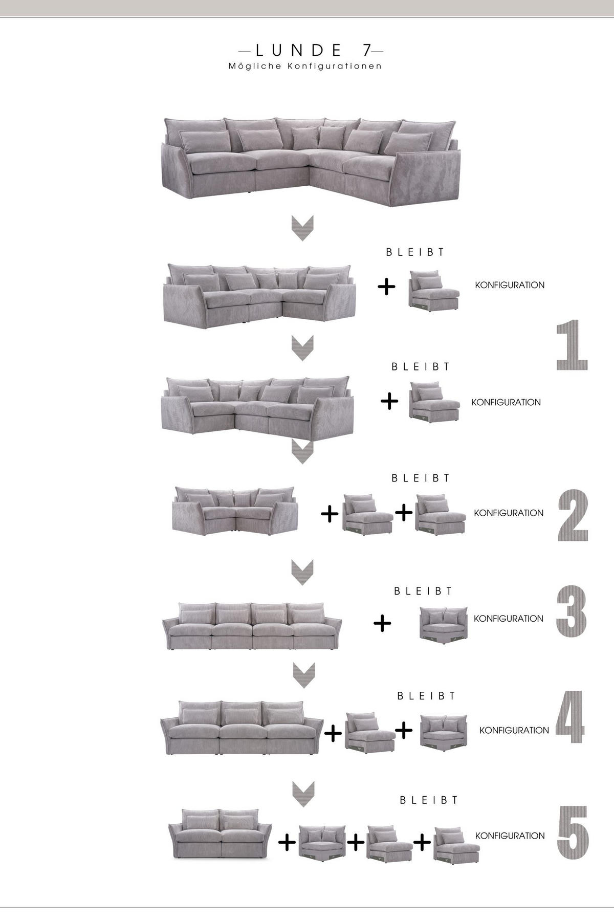 ECKSOFA Modulare Lunde 7, 6 Sitzer, Grau - Grau, Textil (270/270cm) - Meblito