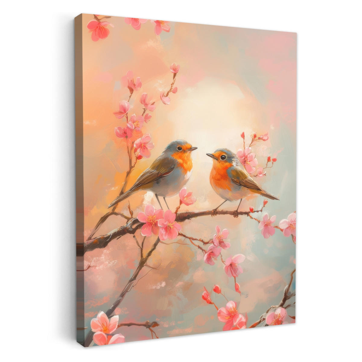 LEINWANDBILD Rotkehlchen - Zierpflanze - Blütenzweig 30x40 cm - Hellrosa, Textil (30/40cm) - MuchoWow