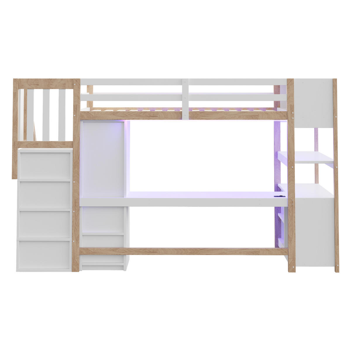 HOCHBETT 90/200 cm DE-01514, in Holzfarbe & Weiß, mit Kleiderschrank, Schreibtisch und LED-Lichtleiste - Naturfarben, Holz (90/200cm) - ComfortXL
