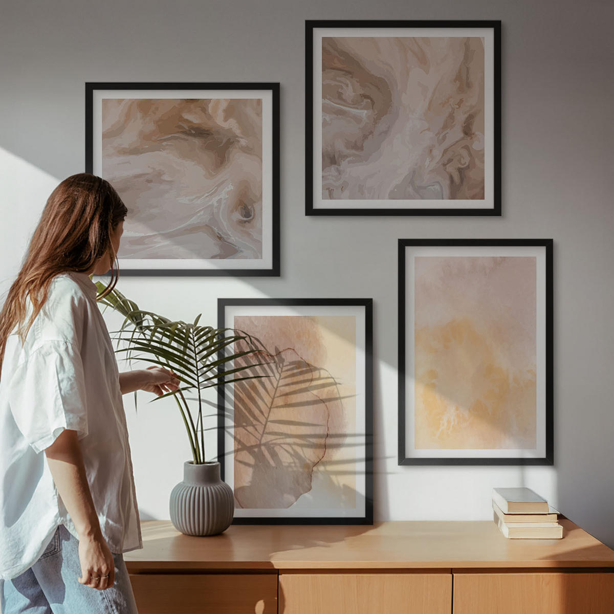 BILDER SET 4er Set - 50x50 cm & 40x60 cm Schwarzer Rahmen - Warme Aquarellfarben auf Leinwand - Schwarz, Kunststoff (50/50cm) - TULUP